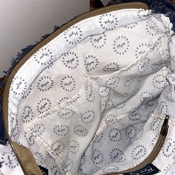 MYRA🌻BAG BOHO Blue Floral Canvas Navy Denim💙Brown LEATHER Handles & Accents - Picture 12 of 16